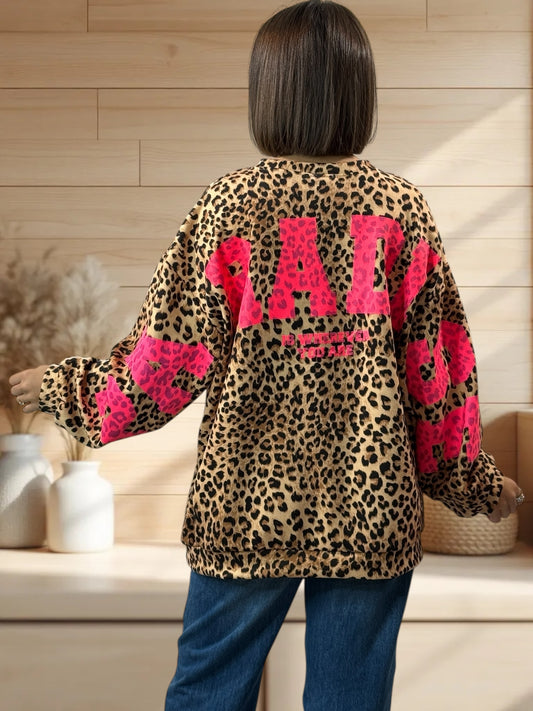 PARADISE - SWEAT OVERSIZE LEOPARD LOGO FUCHSIA JUSQU'A LA TAILLE 52