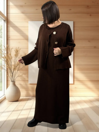 GABRIELA - ENSEMBLE MARRON EN MAILLE ROBE ET GILET JUSQU'A LA TAILLE 48
