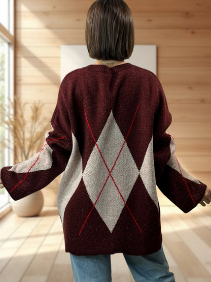 NOTTINGHAM - PULL OVERSIZE TARTAN BORDEAUX JUSQU'A LA TAILLE 52