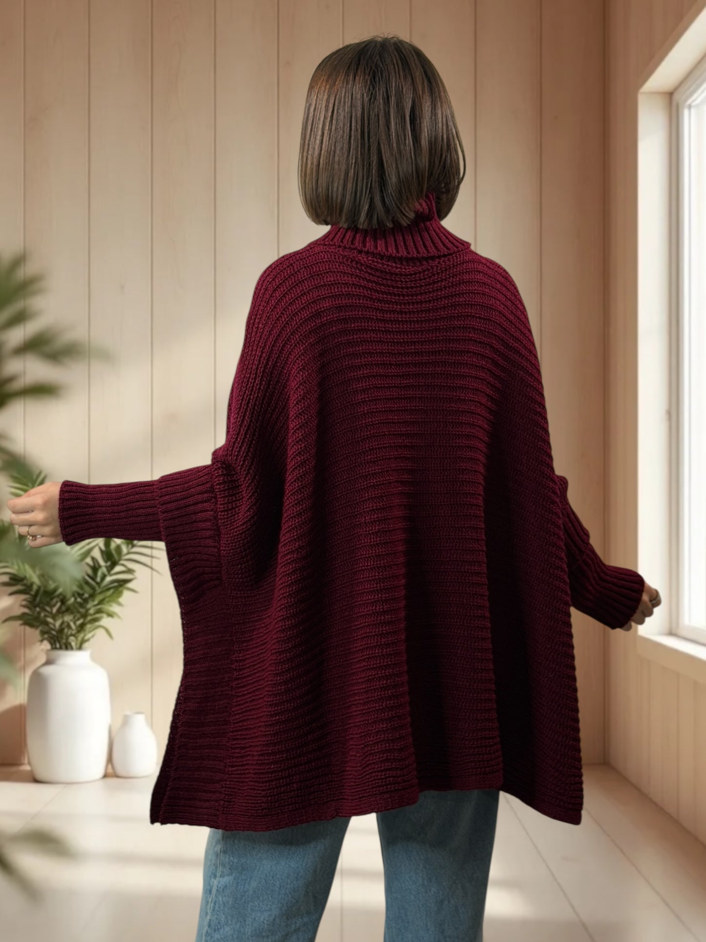 HELLO - PULL PONCHO BORDEAUX OVERSIZE JUSQU'A LA TAILLE 56/58
