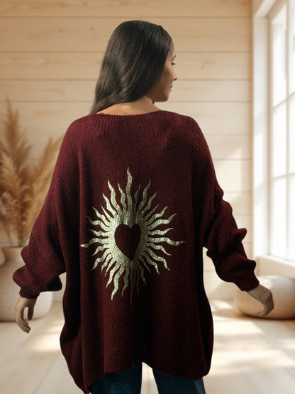 RICKOU - PULL OVERSIZE BORDEAUX MOTIF SOLEIL JUSQU'A LA TAILLE 56