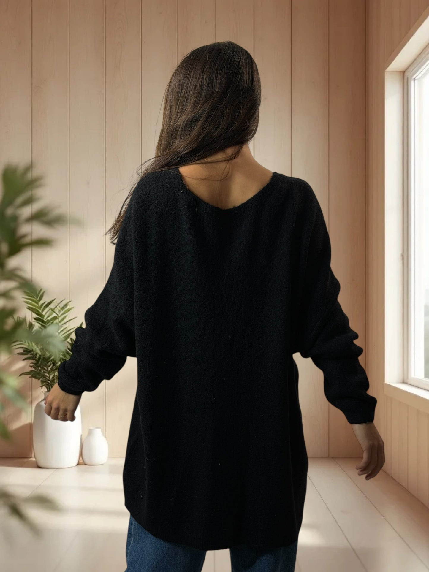 MICK - PULL OVERSIZE NOIR AVEC ALPAGA JUSQU'A LA TAILLE 56