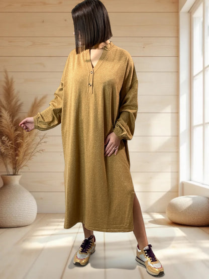 KATARINA - ROBE SCINTILLANTE EN MAILLE CAMEL OVERSIZE JUSQU'A LA TAILLE 52