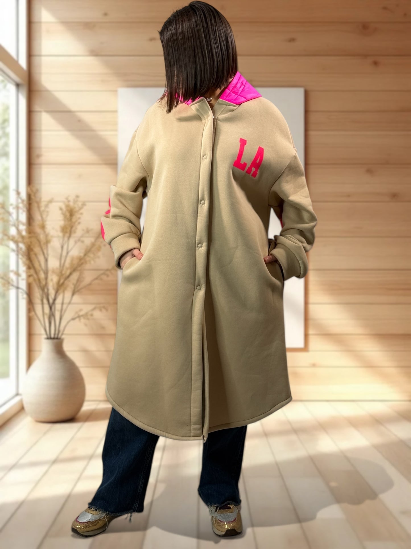 LOS ANGELES - MANTEAU OVERSIZE BEIGE A CAPUCHE JUSQU'A LA TAILLE 52