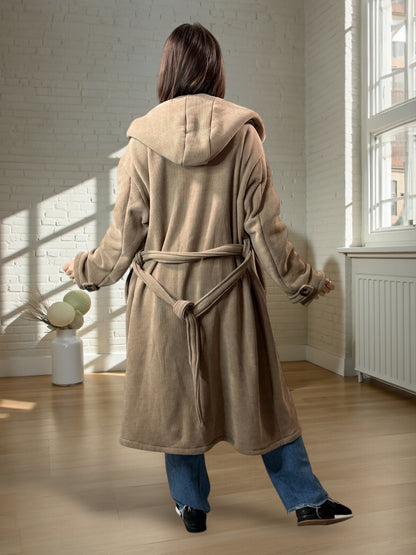 CARLOTA - MANTEAU OVERSIZE TAUPE A CAPUCHE JUSQU'A LA TAILLE 56/58