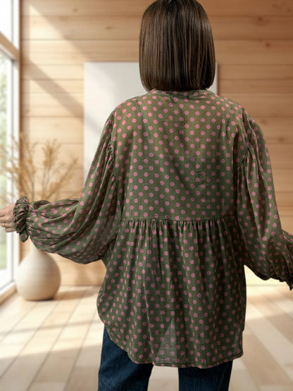 EDITH  - BLOUSE KAKI A POIS JUSQU'A LA TAILLE 50/52