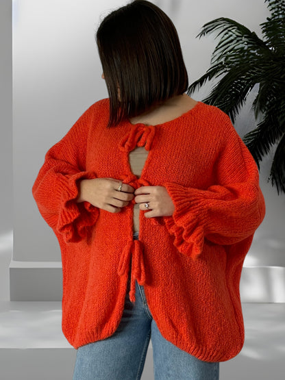 BERENGERE - GILET OVERSIZE ORANGE AVEC NOEUDS JUSQU'A LA TAILLE 52/54