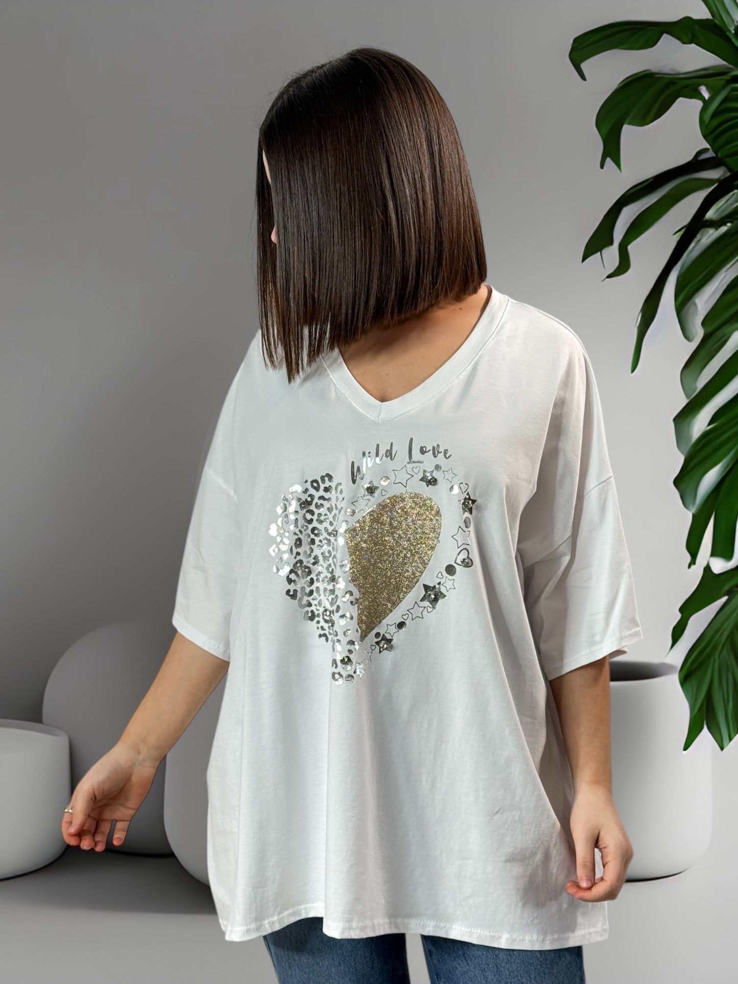 ALICIA - T-SHIRT BLANC OVERSIZE MOTIF COEUR JUSQU'A LA TAILLE 54/56