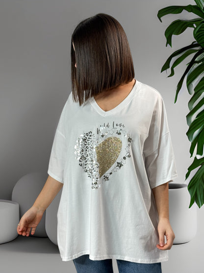 ALICIA - T-SHIRT BLANC OVERSIZE MOTIF COEUR JUSQU'A LA TAILLE 54/56