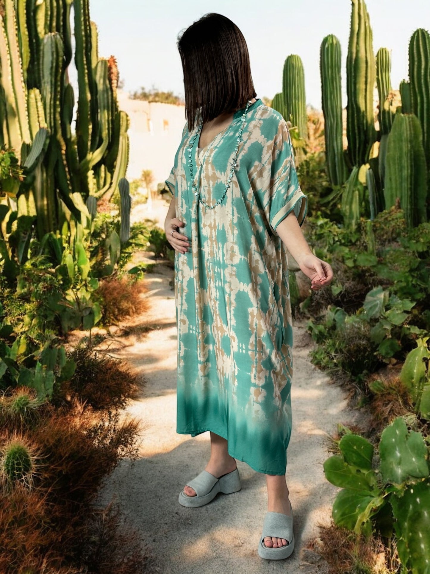 LALY - ROBE OVERSIZE MOTIF TURQUOISE JUSQU'A LA TAILLE 54