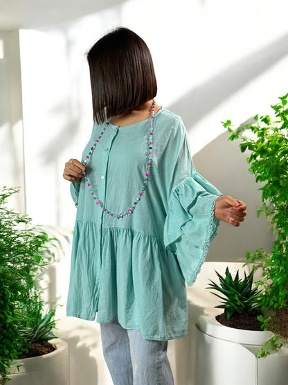 CORALINE - BLOUSE OVERSIZE LAGON EN COTON JUSQU'A LA TAILLE 52/54