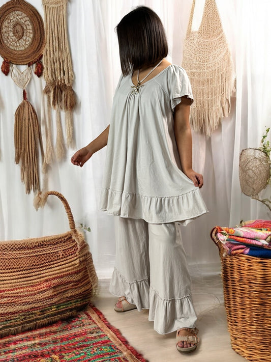 CANNES - ENSEMBLE TUNIQUE ET PANTALON  FLUIDE BEIGE JUSQU'A LA TAILLE 52