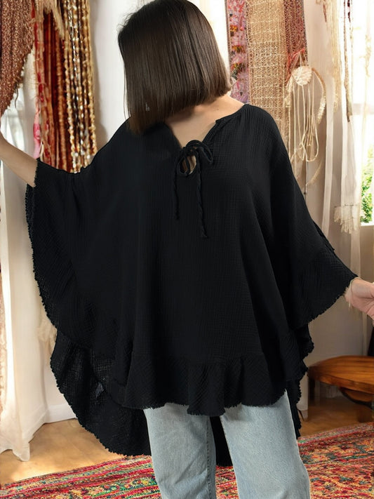 VICTOIRE - TUNIQUE OVERSIZE NOIRE EN GAZE DE COTON JUSQU'A LA TAILLE 52/54