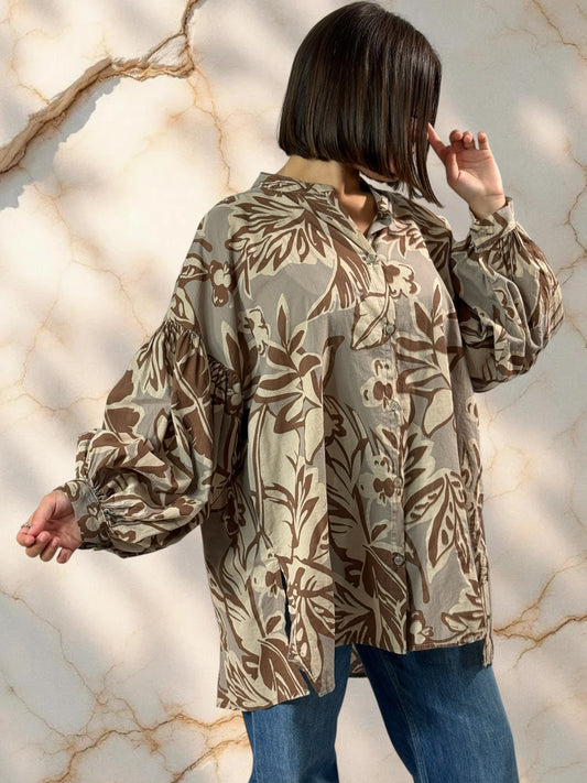 MARIKA - BLOUSE MOTIF MARRON EN COTON OVERSIZE JUSQU'A LA TAILLE 52/54