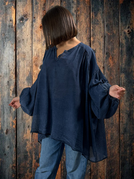 MARION - BLOUSE MARINE EN COTON OVERSIZE JUSQU'A LA TAILLE 56
