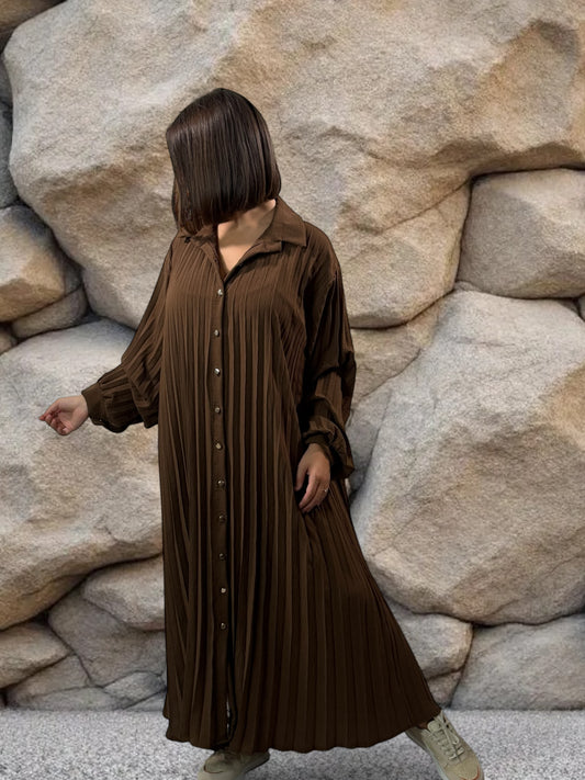 MAROUSSIA - ROBE MARRON PLIS SOLEIL JUSQU'A LA TAILLE 56