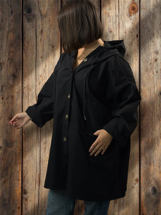 DORIAN - VESTE TRENCH NOIRE OVERSIZE A CAPUCHE JUSQU'A LA TAILLE 56