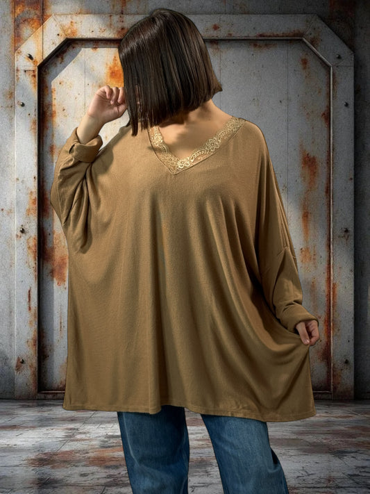 TIPHAINE - PULL CAMEL EN MAILLE BORDE DE DENTELLE JUSQU'A LA TAILLE 56