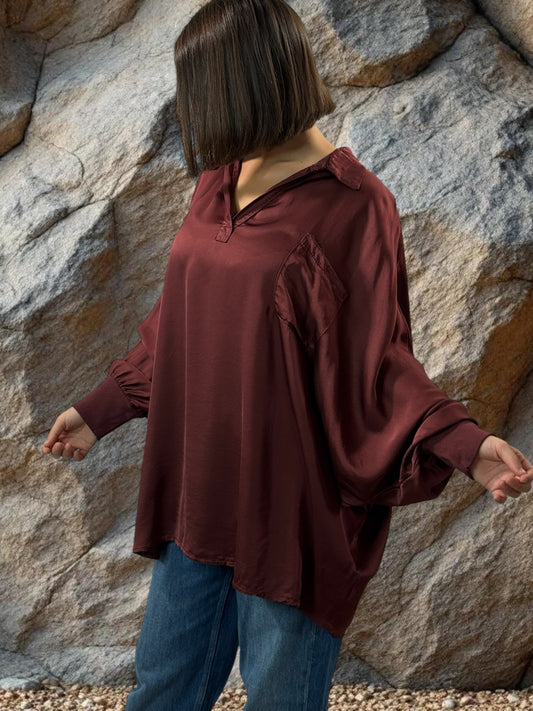MONICA - TUNIQUE BORDEAUX OVERSIZE ASPECT SOIE JUSQU'A LA TAILLE 56