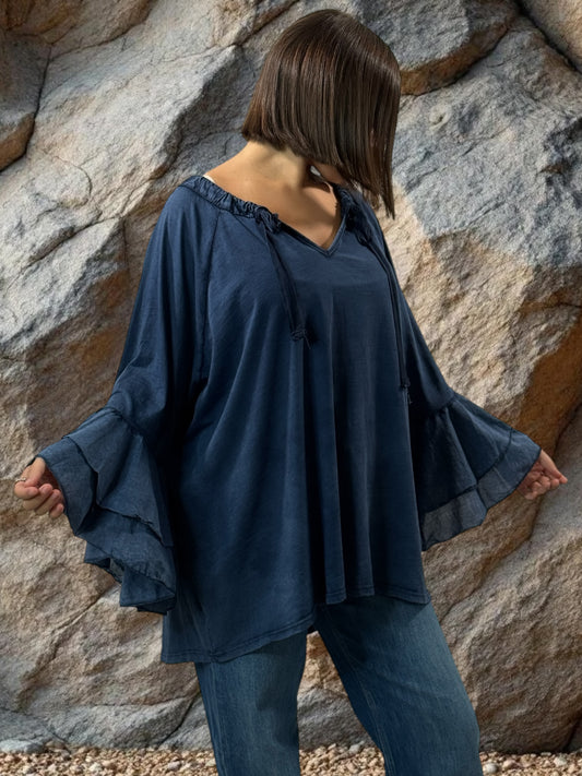 EMILIE - BLOUSE BLEUE EN COTON OVERSIZE JUSQU'A LA TAILLE 52