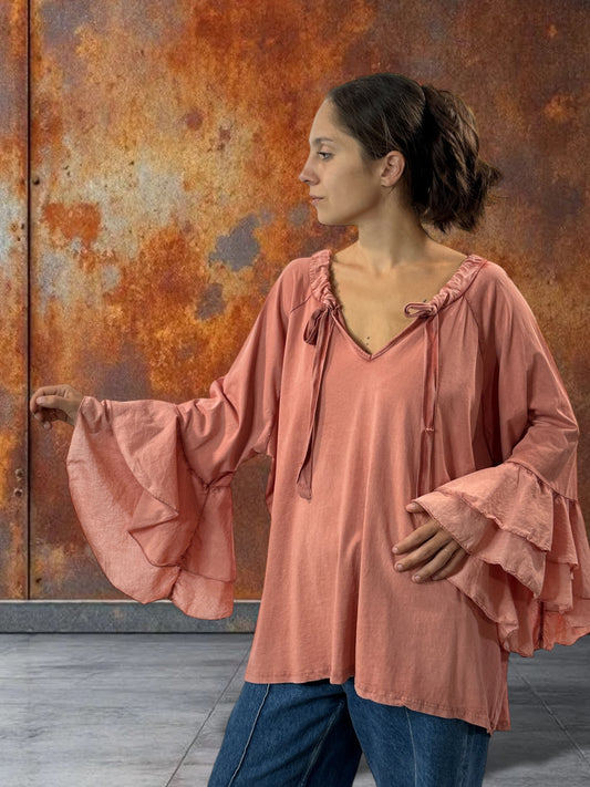 EMILIE - BLOUSE CORAIL EN COTON OVERSIZE JUSQU'A LA TAILLE 52