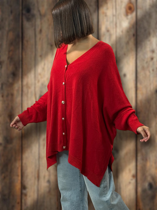 MATHILDE - GILET OVERSIZE ROUGE JUSQU'A LA TAILLE 56/58