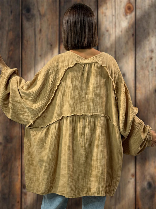 TIRAMISU - CHEMISE OVERSIZE CAMEL EN GAZE DE COTON JUSQU'A LA TAILLE 56