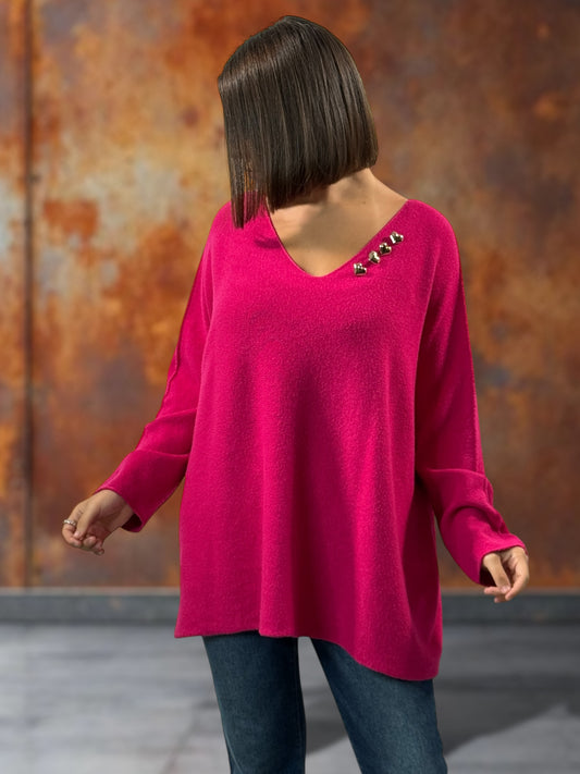 CELINE - PULL OVERSIZE FUCHSIA AVEC BOUTONS COEUR JUSQU'A LA TAILLE 52