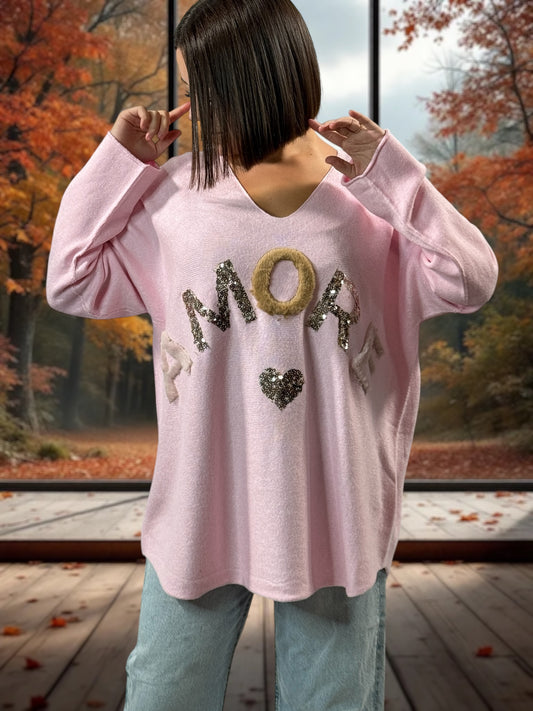 FANNY - PULL OVERSIZE ROSE JUSQU'A LA TAILLE 52