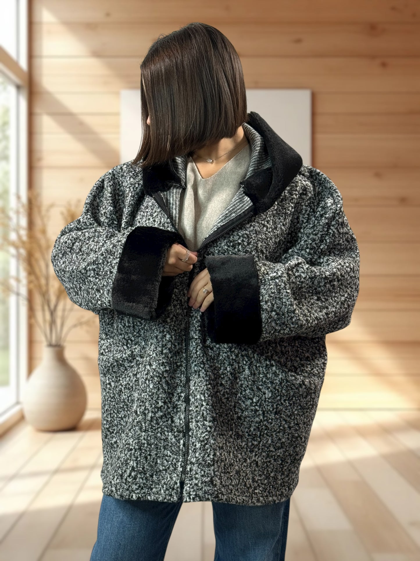DAISY - VESTE OVERSIZE A CAPUCHE GRIS CHINE JUSQU'A LA TAILLE 56