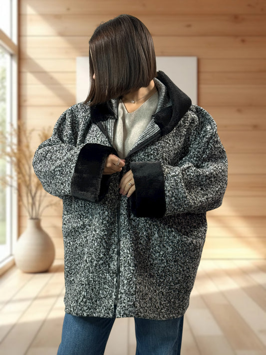 DAISY - VESTE OVERSIZE A CAPUCHE GRIS CHINE JUSQU'A LA TAILLE 56