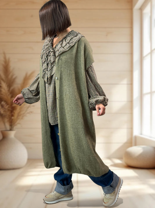 UGO - LONG GILET OVERSIZE KAKI JUSQU'A LA TAILLE 56/58