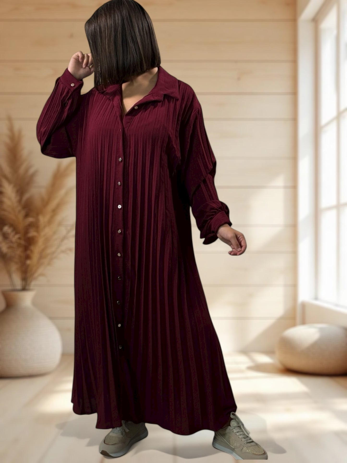 MAROUSSIA - ROBE BORDEAUX PLIS SOLEIL JUSQU'A LA TAILLE 56
