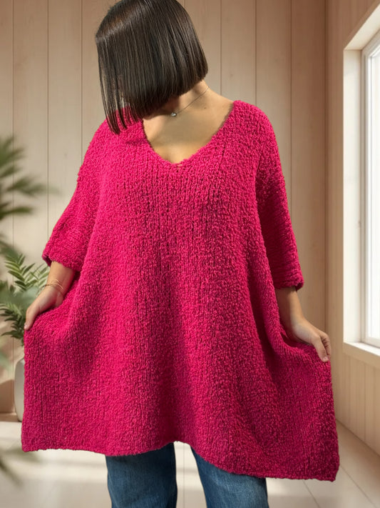 CAMILLE - PULL FUCHSIA OVERSIZE JUSQU'A LA TAILLE 58
