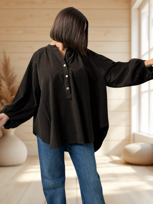 ALICIA - BLOUSE MARRON EN VELOURS MILLERAIES OVERSIZE JUSQU'A LA TAILLE 56