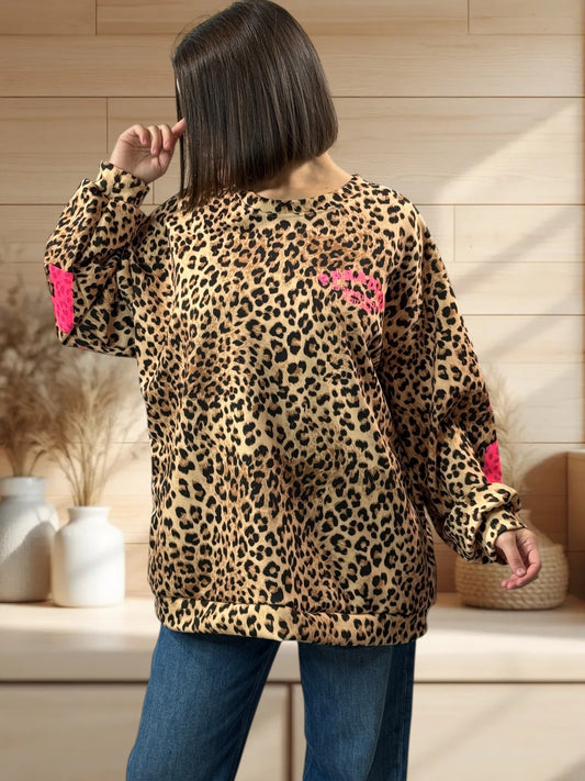 PARADISE - SWEAT OVERSIZE LEOPARD LOGO FUCHSIA JUSQU'A LA TAILLE 52