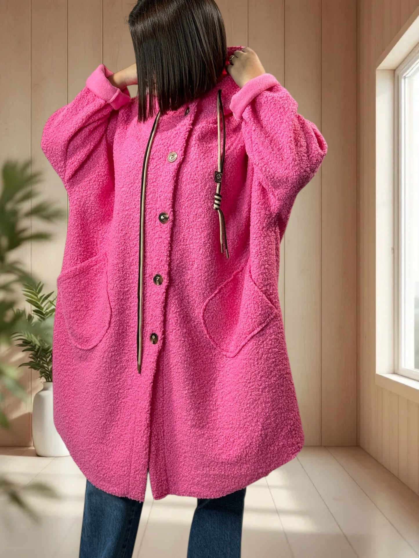 CAPRICE - VESTE OVERSIZE ROSE A CAPUCHE JUSQU'A LA TAILLE 54