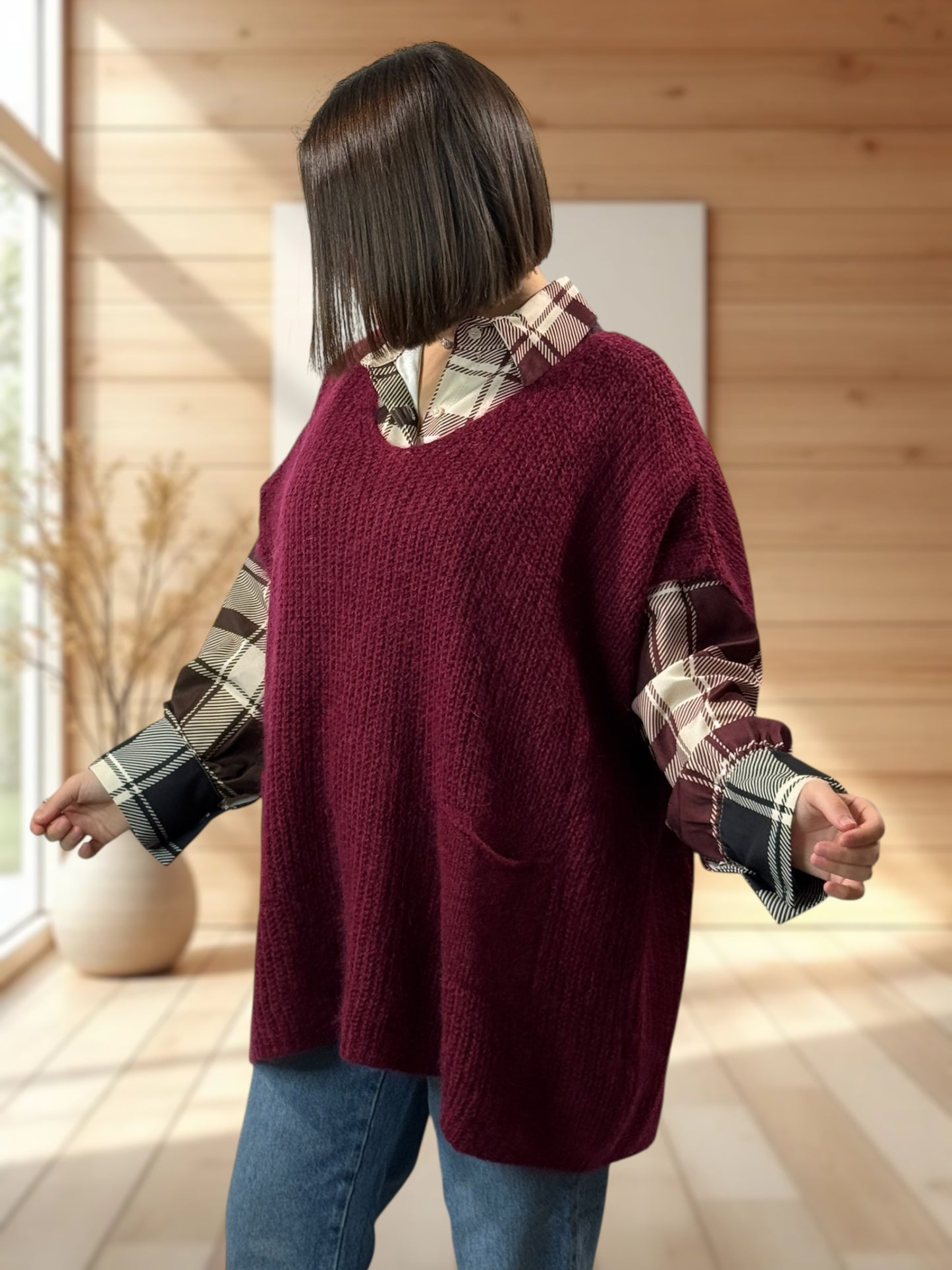 ENZO - PULL  BORDEAUX OVERSIZE JUSQU'A LA TAILLE 56