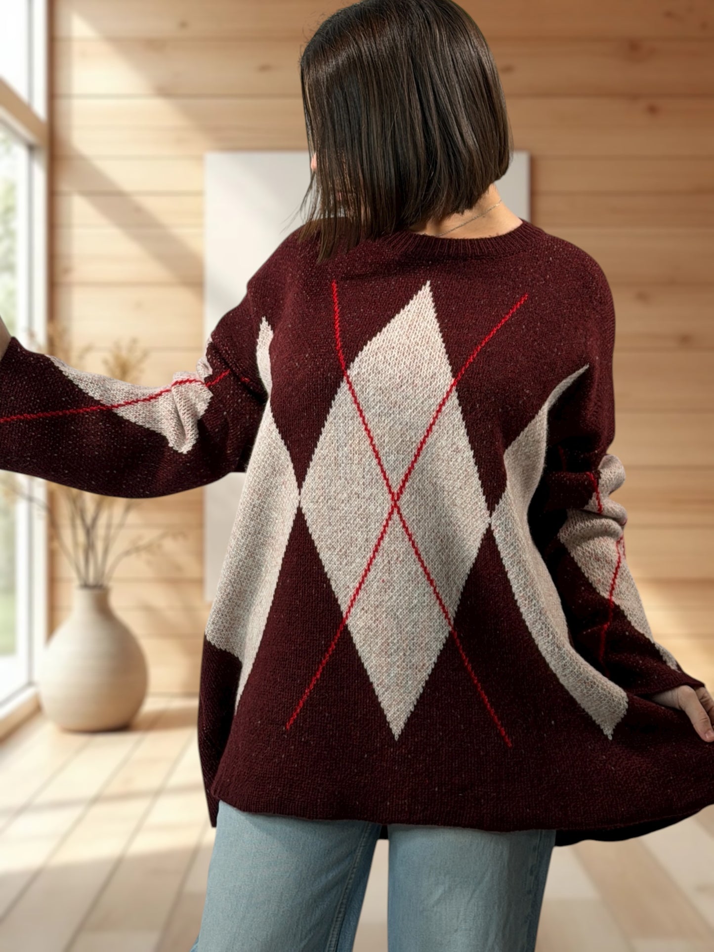 NOTTINGHAM - PULL OVERSIZE TARTAN BORDEAUX JUSQU'A LA TAILLE 52