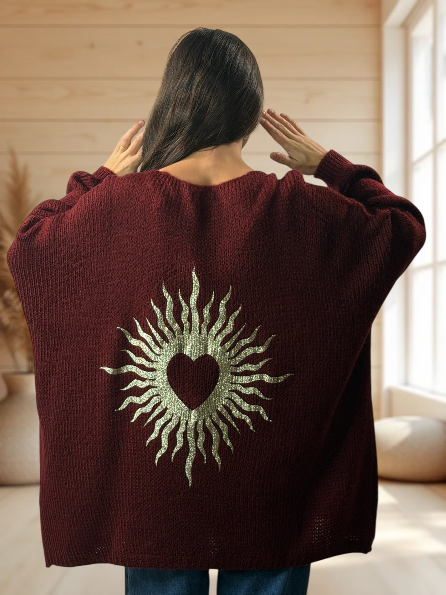 RICKOU - PULL OVERSIZE BORDEAUX MOTIF SOLEIL JUSQU'A LA TAILLE 56