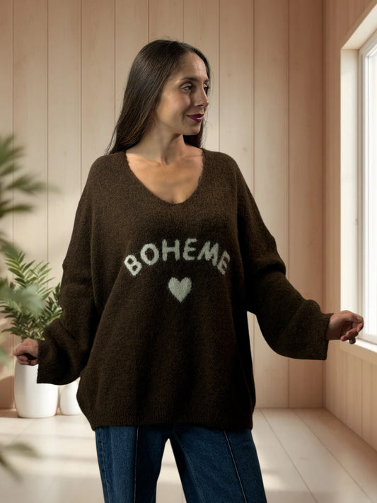 CLAUDIO - PULL MARRON LOGO BOHEME JUSQU'A LA TAILLE 54/56