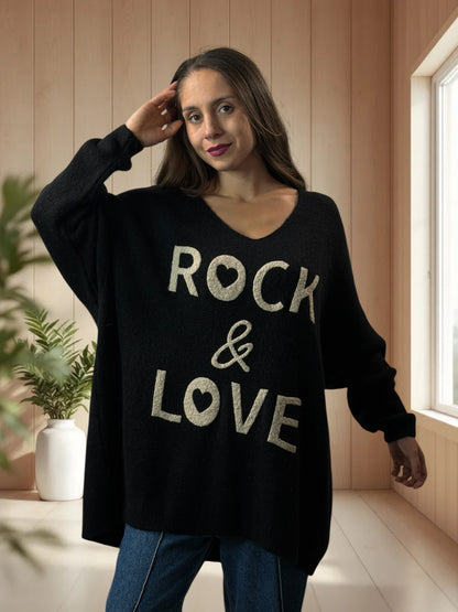 MICK - PULL OVERSIZE NOIR AVEC ALPAGA JUSQU'A LA TAILLE 56