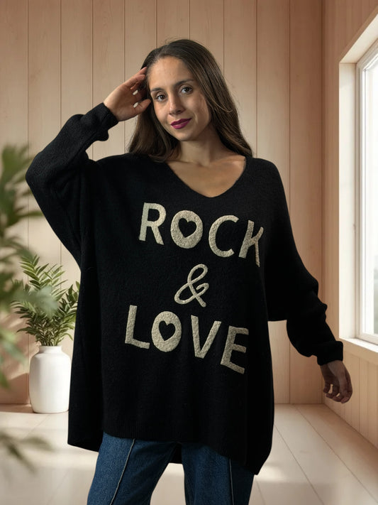 MICK - PULL OVERSIZE NOIR AVEC ALPAGA JUSQU'A LA TAILLE 56