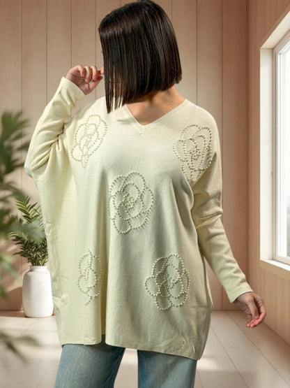 BIANCA - PULL OVERSIZE BEIGE AVEC PERLE JUSQU'A LA TAILLE 54/56