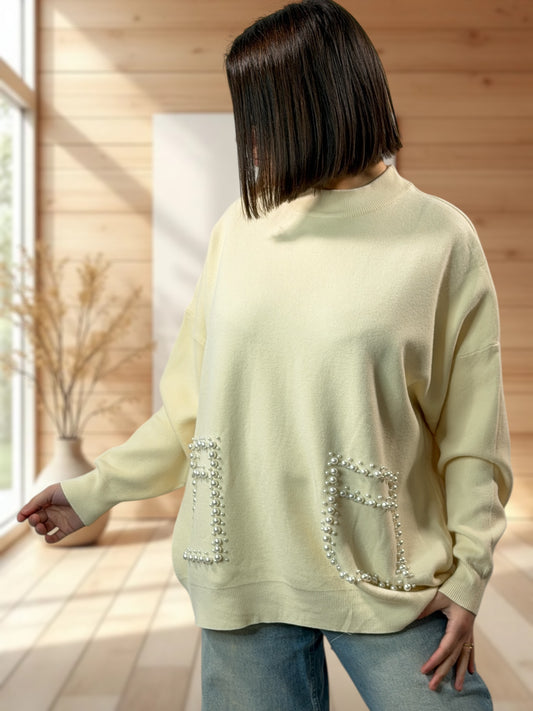 BERENICE - PULL BEIGE AVEC PERLE JUSQU'A LA TAILLE 50/52