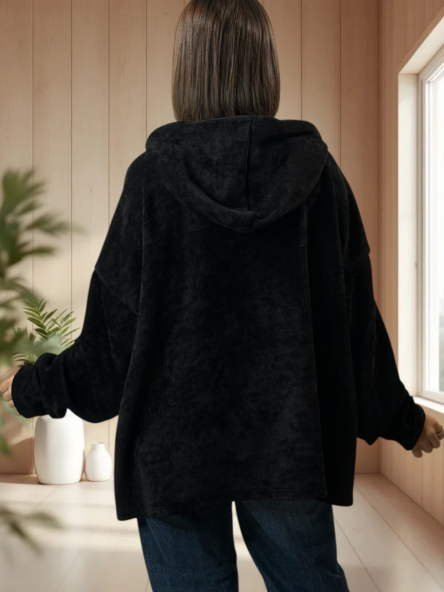 PAULIN - SWEAT A CAPUCHE OVERSIZE NOIR JUSQU'A LA TAILLE 56