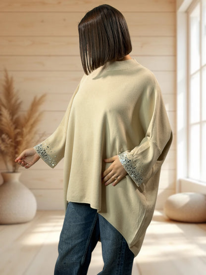CORALINE - PULL OVERSIZE BEIGE AVEC STRASS JUSQU'A LA TAILLE 56