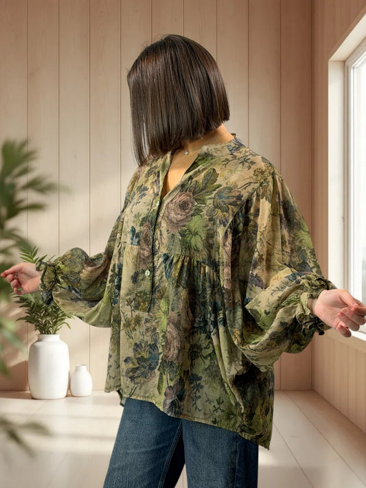 EDITH  - BLOUSE VERTE A MOTIF JUSQU'A LA TAILLE 50/52