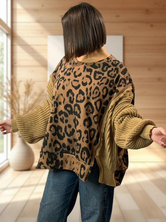 MARCO - PULL BI-MATIERE OVERSIZE LEOPARD CAMEL JUSQU'A LA TAILLE 54