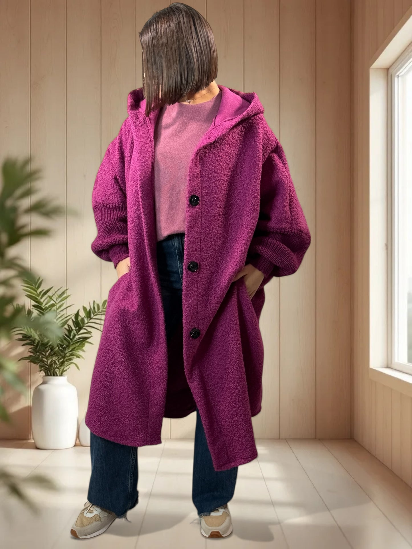 VIRGINIE - MANTEAU OVERSIZE CYCLAMEN A CAPUCHE JUSQU'A LA TAILLE 54